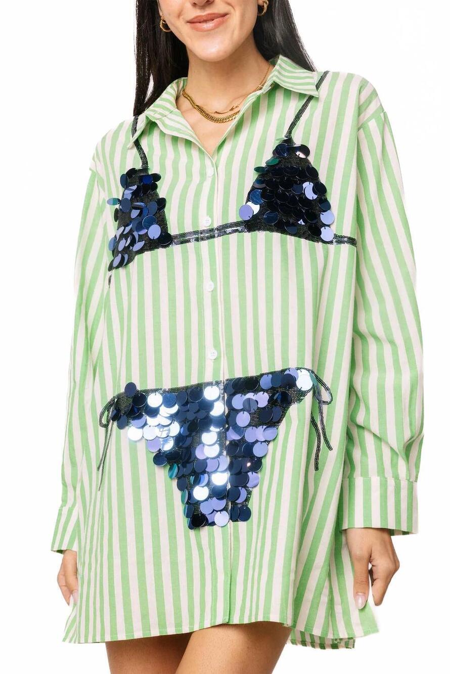 NEW QUEEN OF SPARKLES paillette bikini tunic in green striped navy